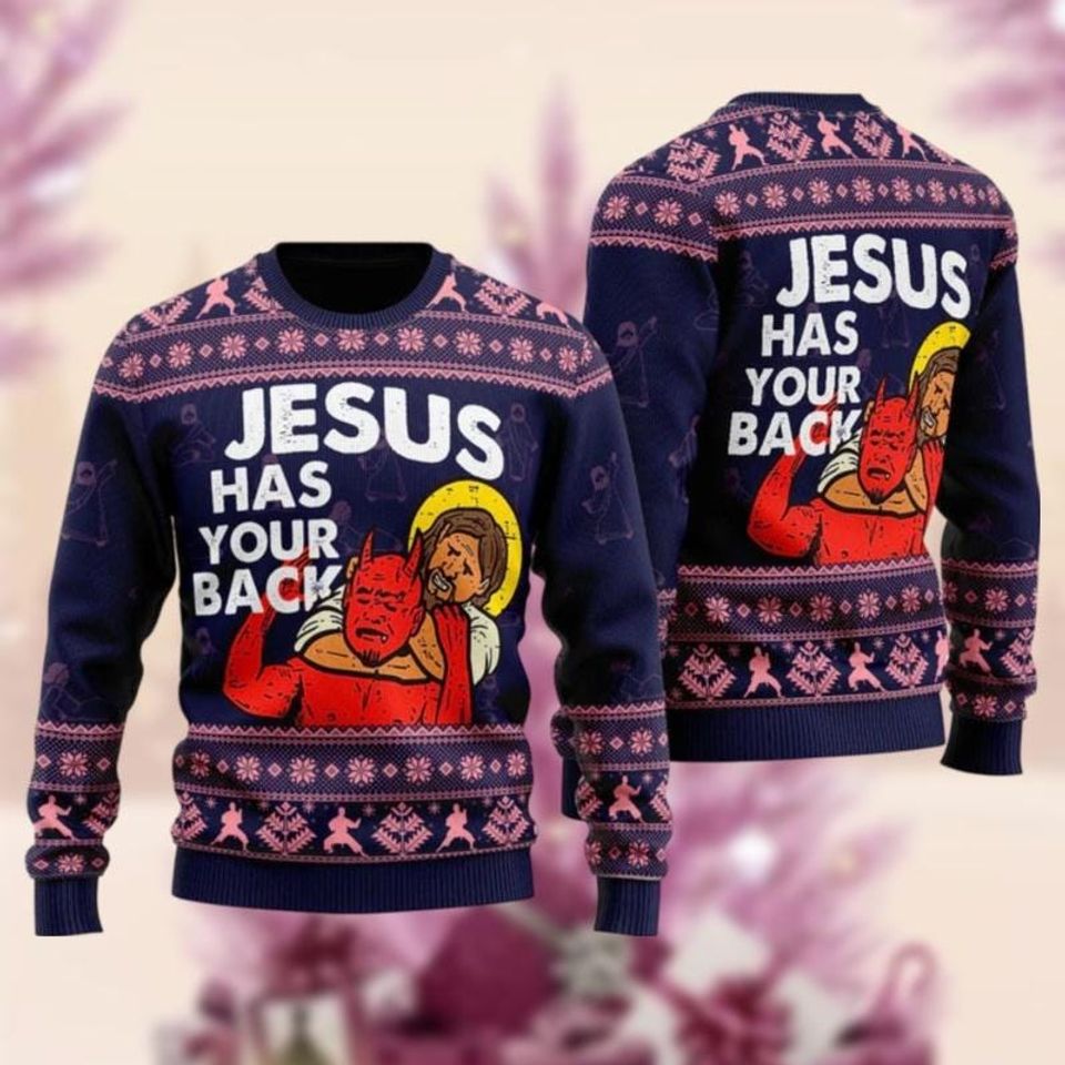 Funny Jesus Christmas Ugly Sweater, Jesus Has Your Back Xmas Ugly Sweatshirt