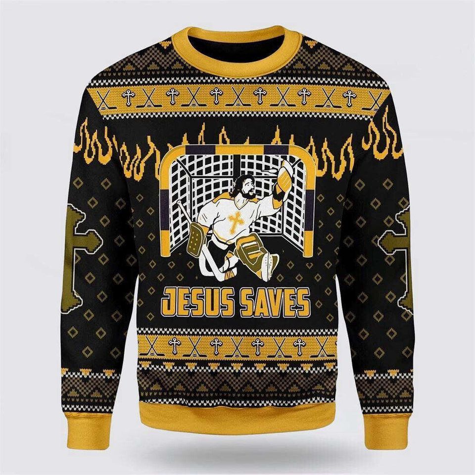 Funny Jesus Hockey Goal Keeper Unisex Ugly Christmas Sweater