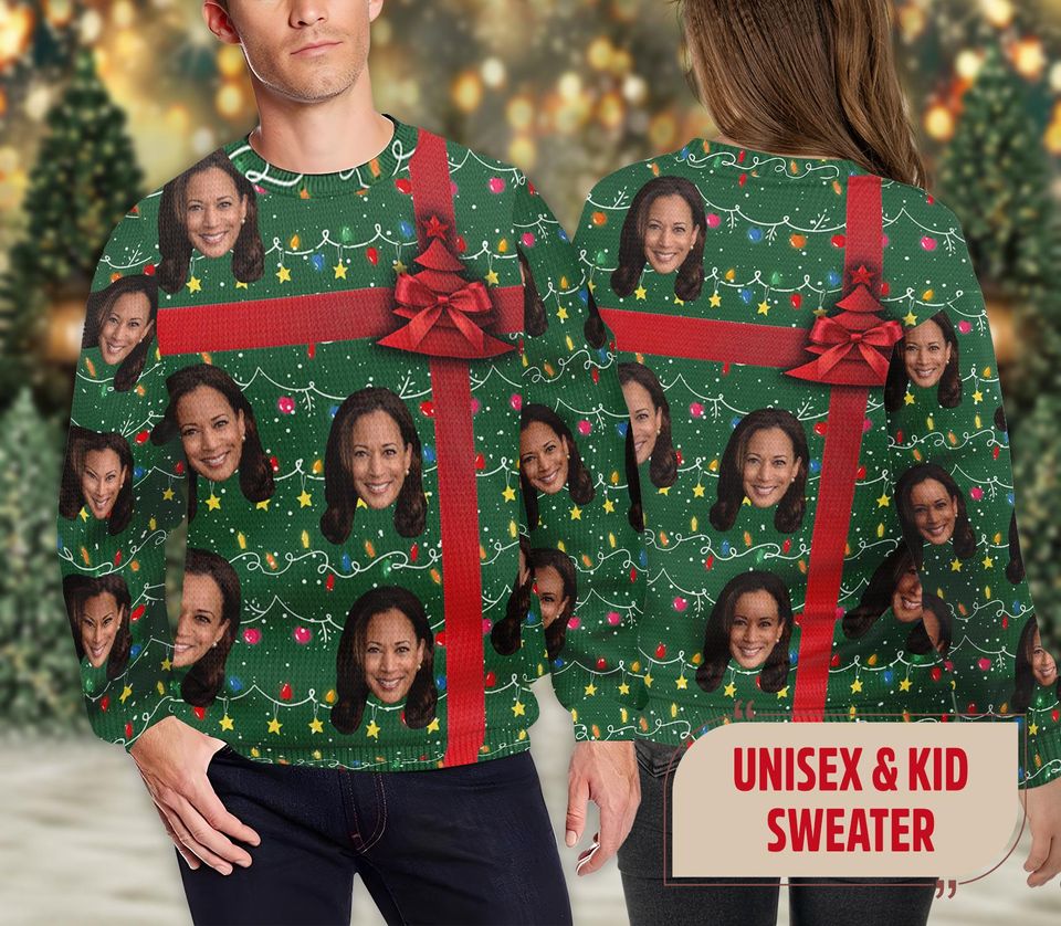 Funny Kamala Harris Ugly Christmas Women Sweater, Harris Face Xmas Sweatshirt