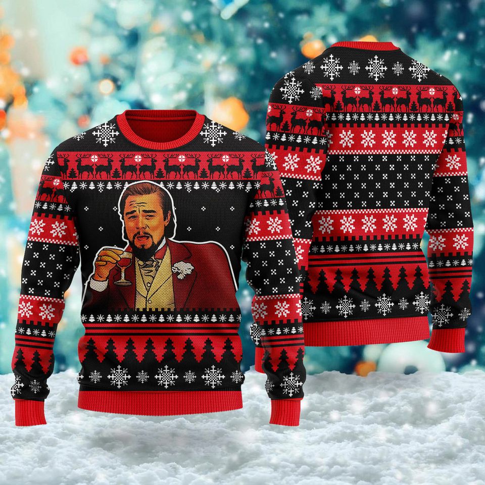 Funny Leo Ugly Christmas 3D Sweater, Man Drinking Wine Xmas 3D Sweater