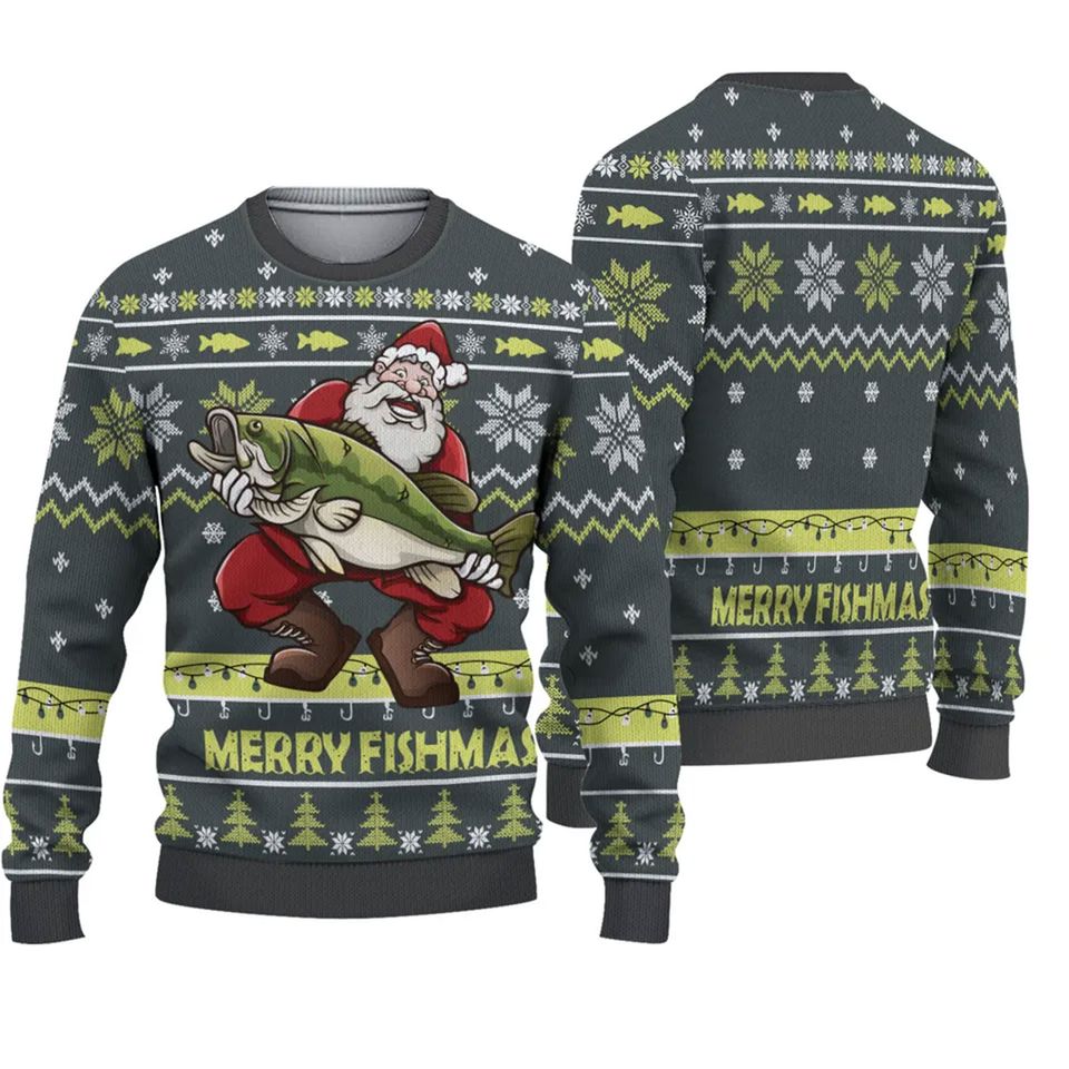 Funny Merry Fishmas Santa with Fish Ugly Sweater
