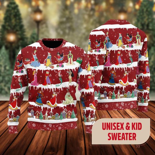 Funny Princess Team Girl Ugly Christmas Sweater, Princess Group Character Xmas Ugly Sweatshirt - Image 3