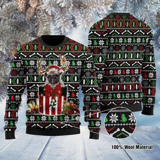 Funny Pug In The Gift Box Ugly Christmas Sweater Adult 3D Funny Matching for family
