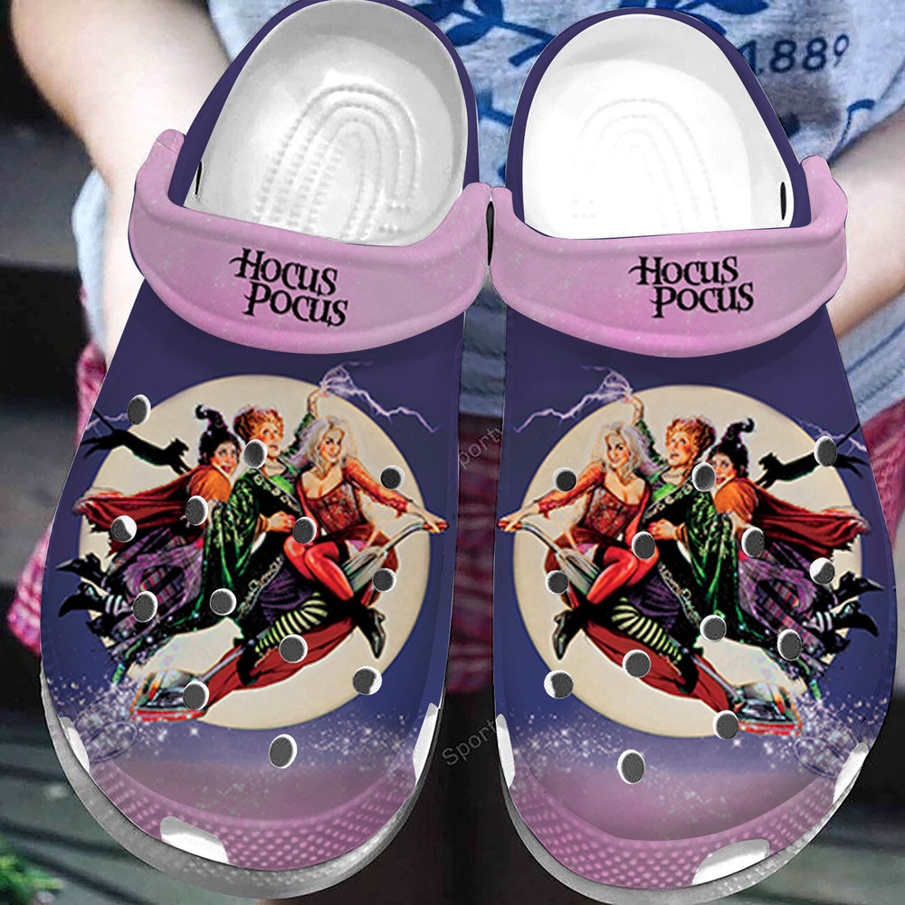 Funny Purple Hocus Pocus On Broom Halloween Clogs Shoes
