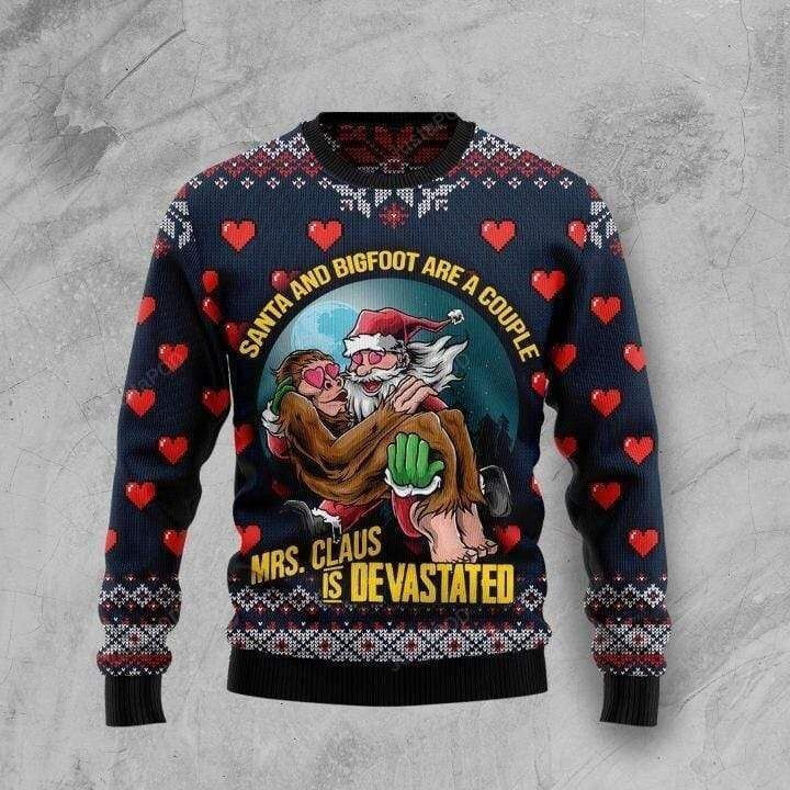 Funny Santa And Bigfoot Are A Couple Navy Ugly Christmas Sweater Adult 3D Funny Matching for family