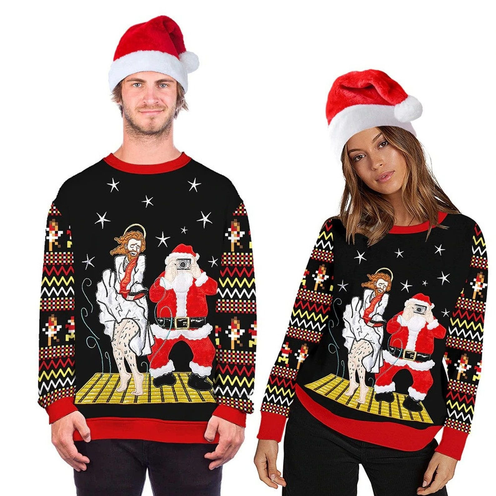 Funny Santa And Jesus Ugly Christmas Sweater Adult 3D Funny Matching for family