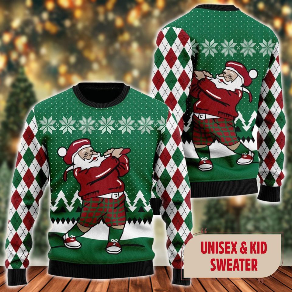 Funny Santa Claus Plays Golf Ugly Christmas Sweater, Funny Santa Xmas Sweatshirt - Image 2