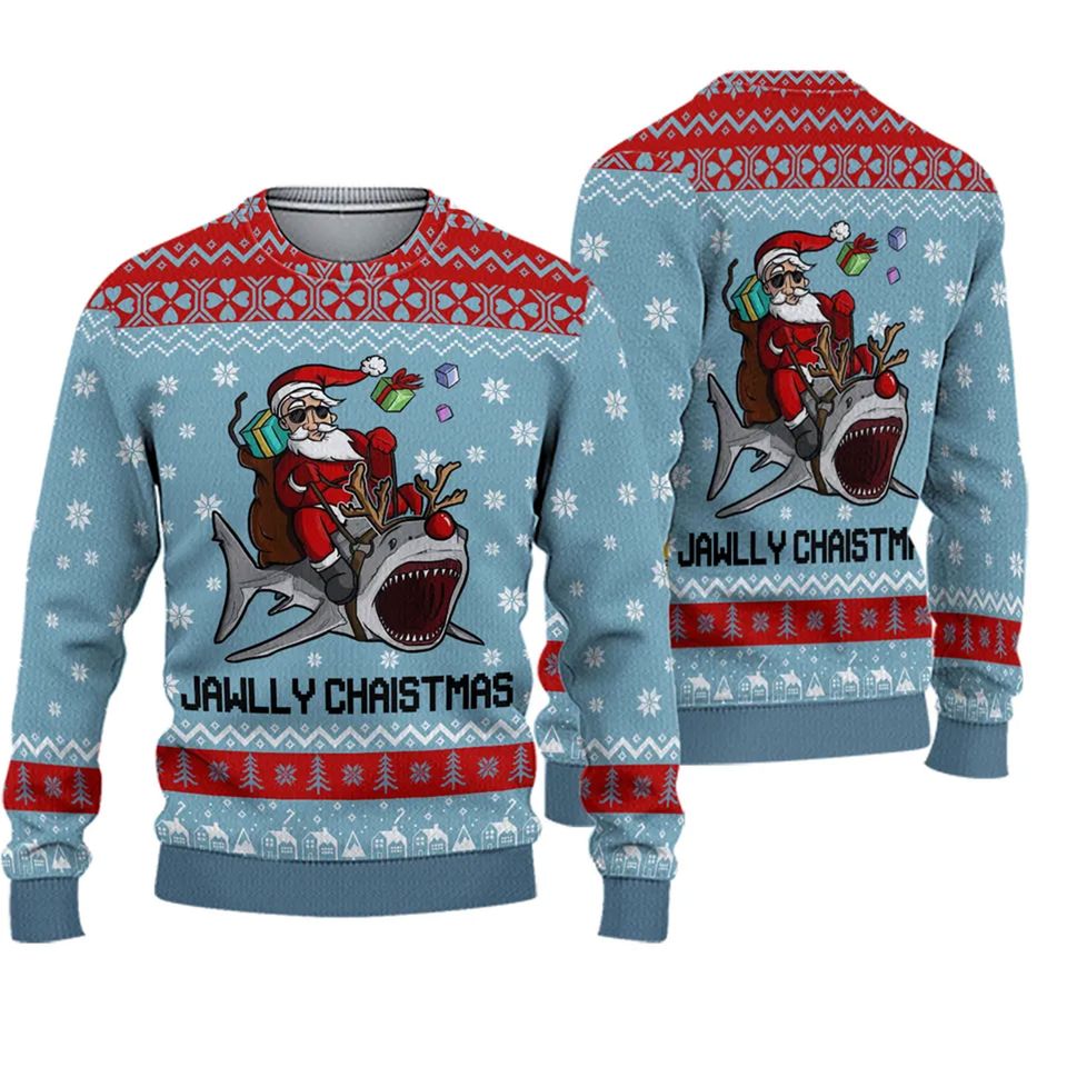 Funny Santa Claus Riding Shark Christmas Ugly Sweater Christmas Gift