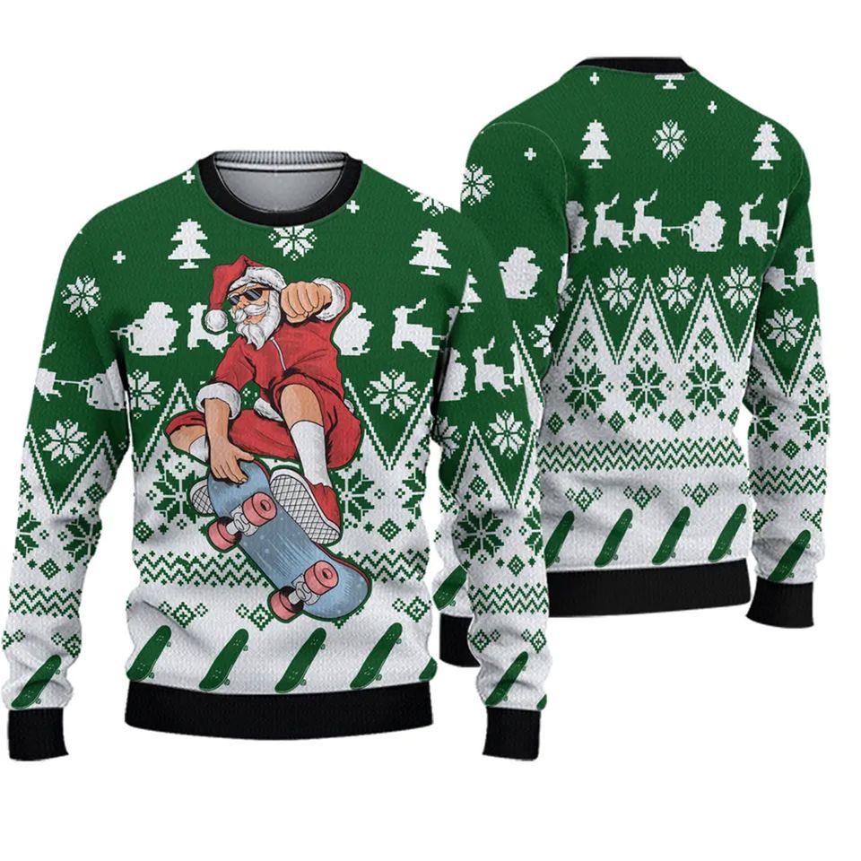 Funny Santa Claus Skateboarding Ugly Christmas Sweater