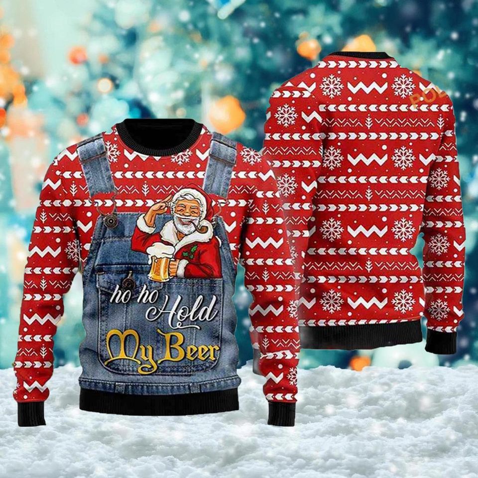 Funny Santa Face Ugly Sweater, Ho Ho Hold My Beer Santa