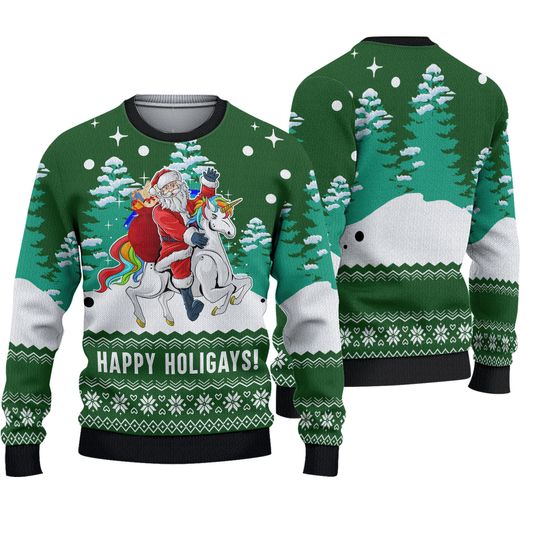 Funny Santa Happy Holigays Ugly Christmas 3D Sweater - Image 2