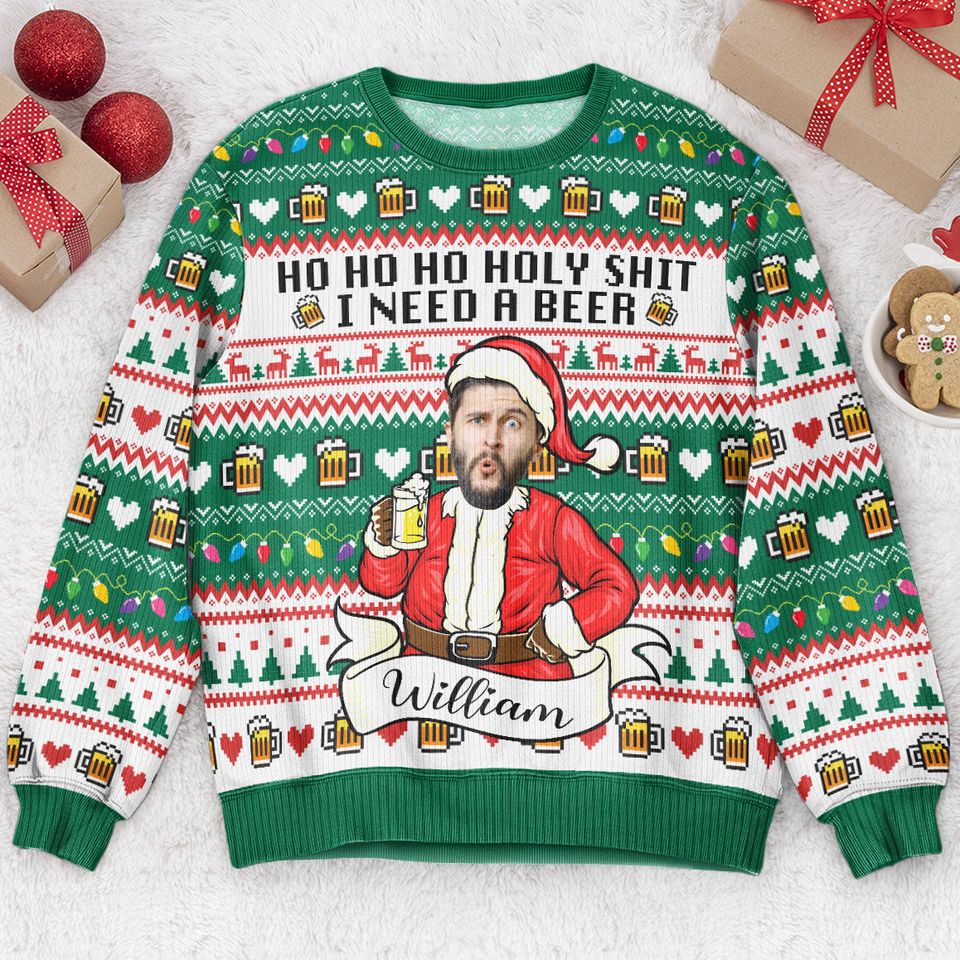 Funny Santa Ho Ho Ho Personalized Photo Ugly Sweater