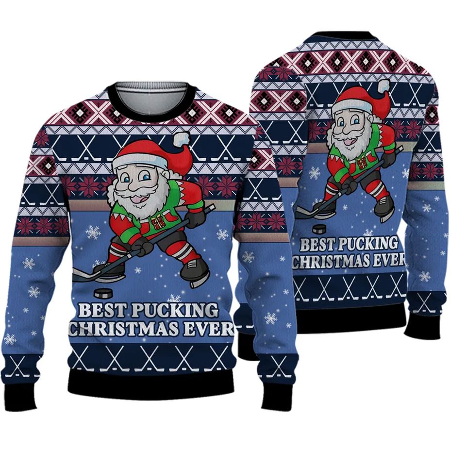 Funny Santa Playing Hockey 3D Ugly Christmas 3D Sweater