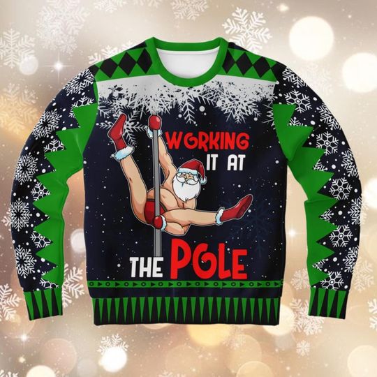 Funny Santa Pole Dance Ugly Christmas Sweatshirt - Working It at the Pole Holiday Sweatshirt - Image 5