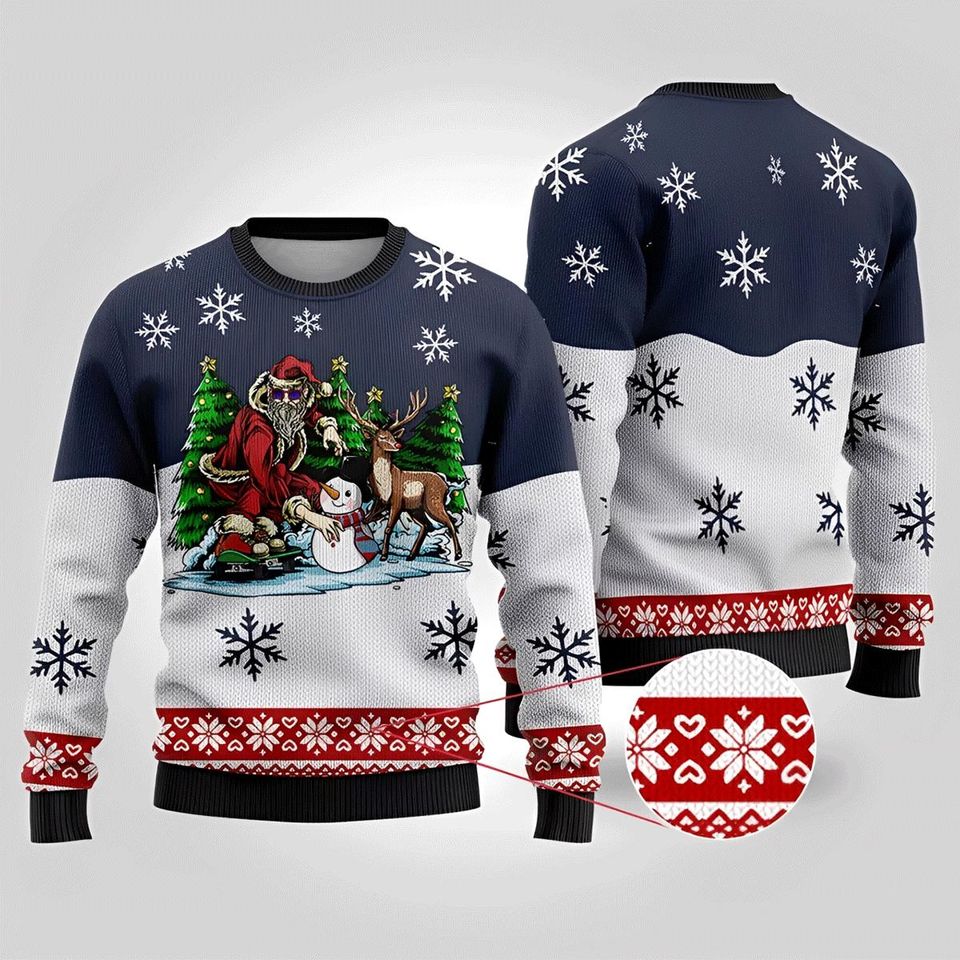 Funny Santa Skateboard Navy Ugly Christmas Sweater, Holiday Ugly Christmas Sweater