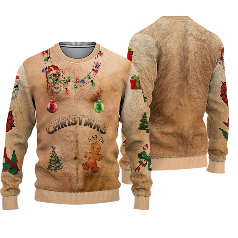 Funny Santa Topless Sweater Santa Tattooed Christmas 3D Sweater