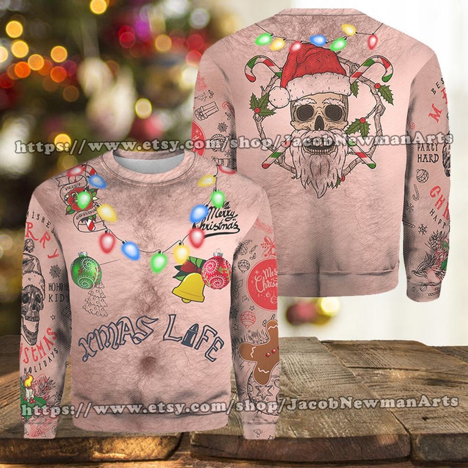 Funny Santa Topless Sweater Santa Tattooed Christmas Lights Knitted Ugly Sweater
