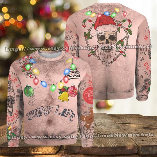 Funny Santa Topless Sweater Santa Tattooed Christmas Lights Knitted Ugly Sweater - Image 5