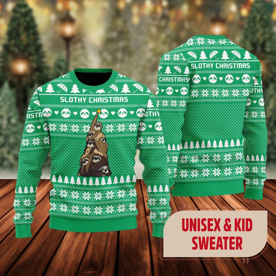 Funny Sloth Tree Ugly Christmas Sweater, Pine-shaped Slothy Ugly Xmas