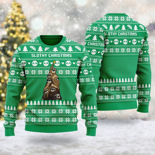 Funny Sloth Tree Ugly Christmas Sweater, Pine-shaped Slothy Ugly Xmas Sweatshirt - Image 3