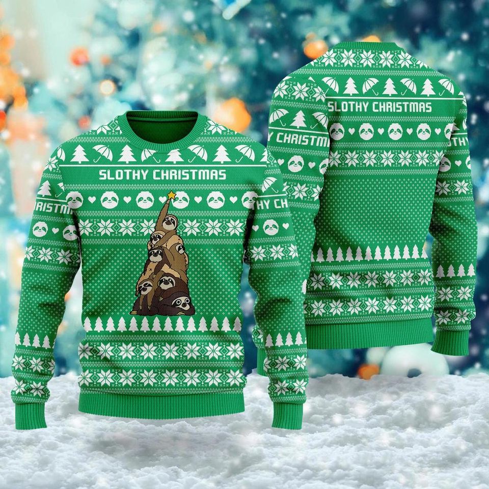 Funny Sloth Tree Ugly Christmas Sweater, Pine-shaped Slothy Ugly Xmas Sweatshirt