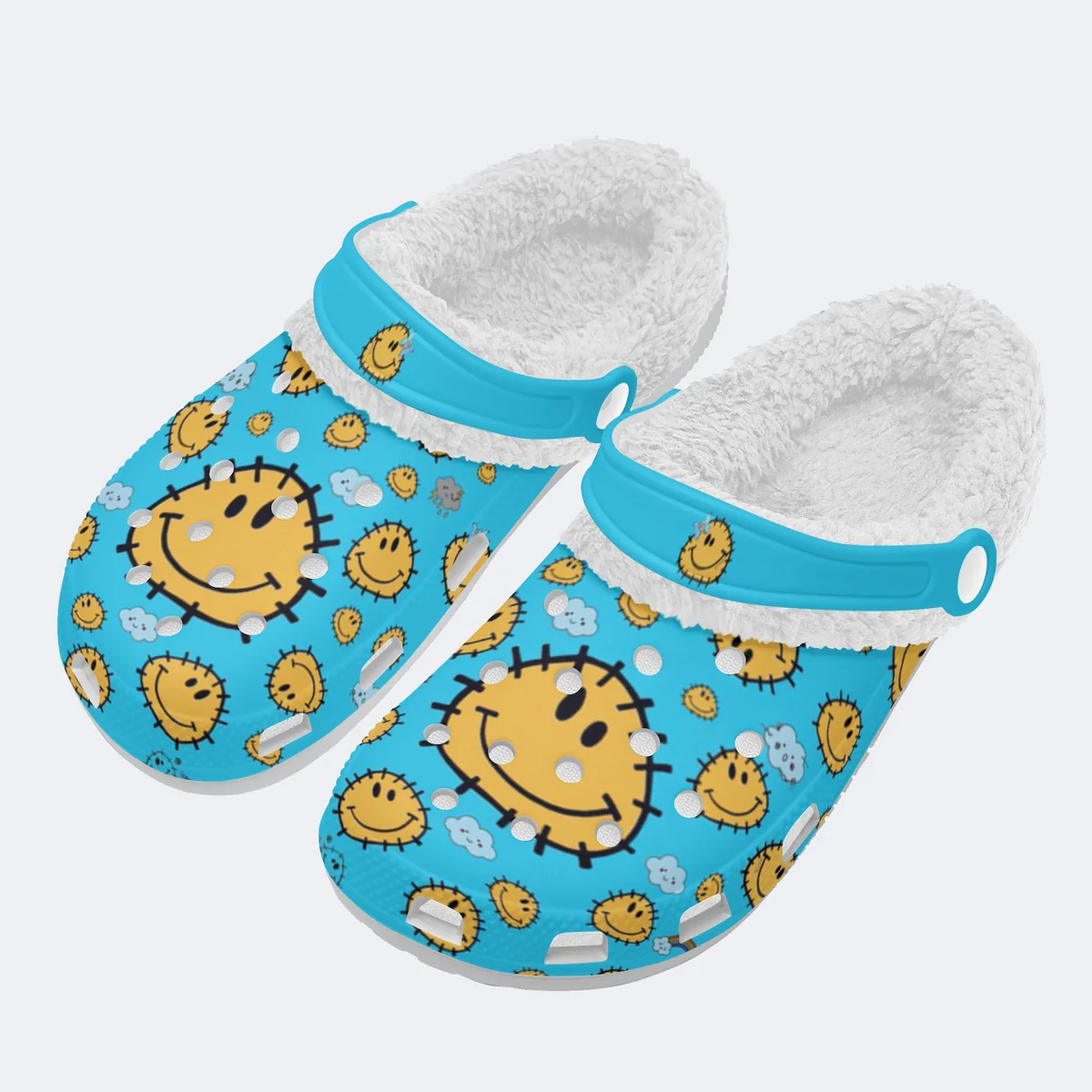 Funny Smiley Happy Faces Crocs Crocband Fleece Lined Clogs Shoes Comfortable For Men Women and Kids In Winter