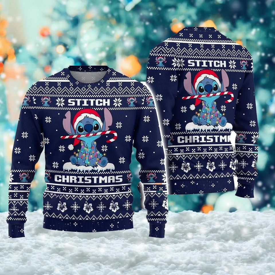 Funny Stitchmas Ugly Christmas Sweater, Blue Dog Alien Xmas