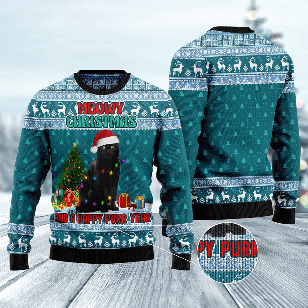 Funny Sweaters Black Cat Meomy Christmas And A Happy Purr Year Ugly Christmas Sweater Gift For Cat Lover