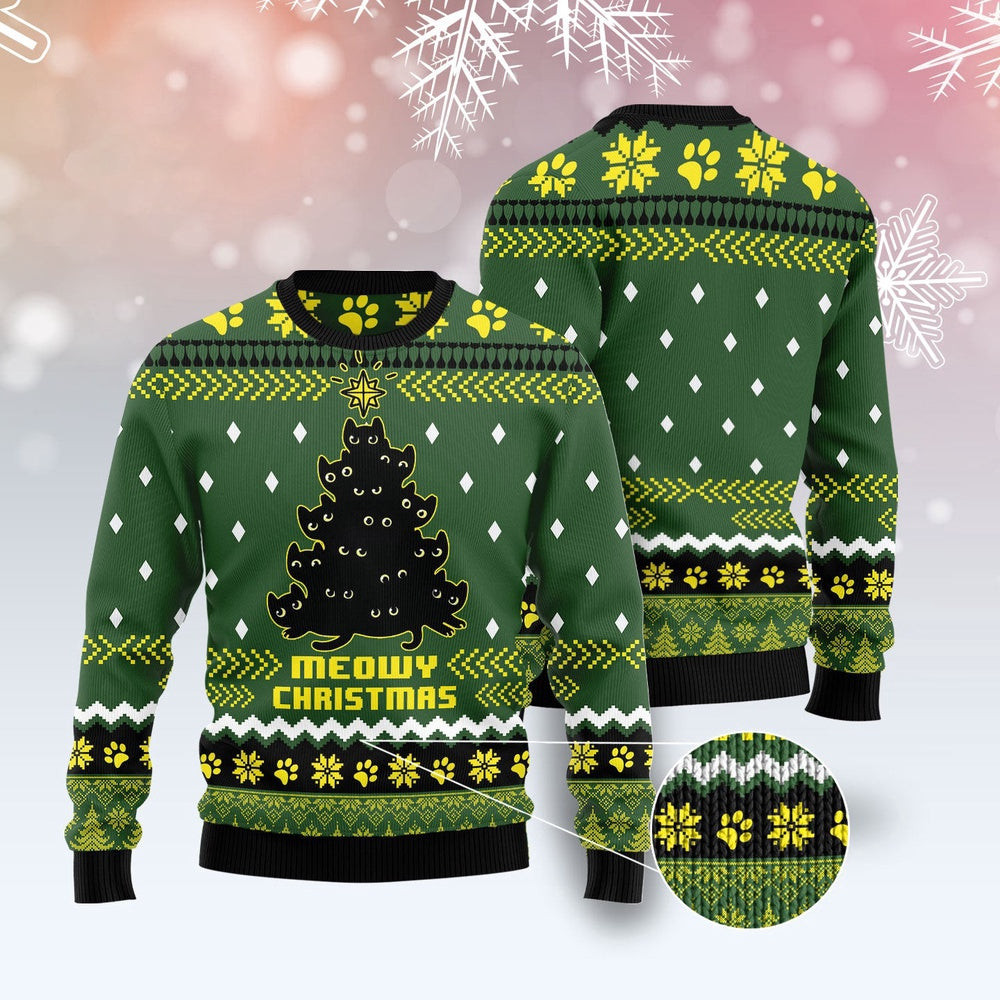 Funny Sweaters Black Cat Meowy Christmas Tree Ugly Christmas Sweater Gift For Cat Lover