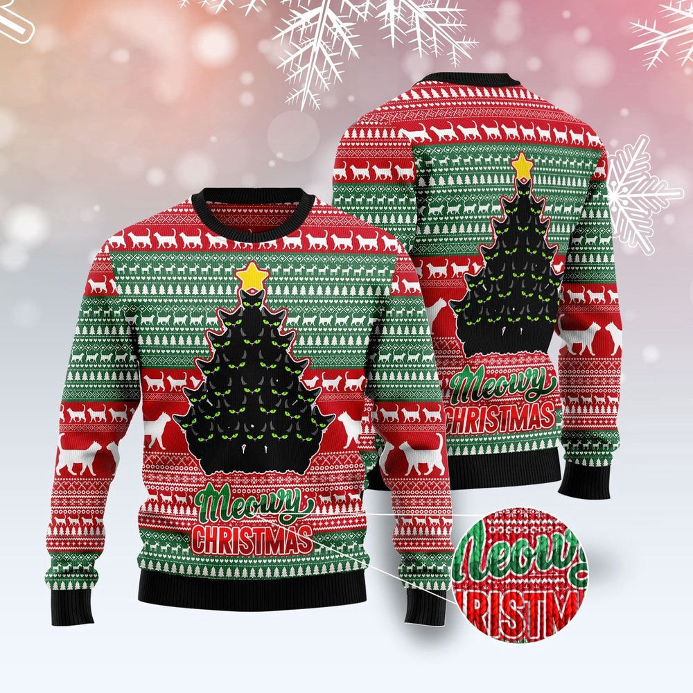Funny Sweaters Black Cat Meowy Christmas Ugly Christmas Sweater Gift For Cat Lover