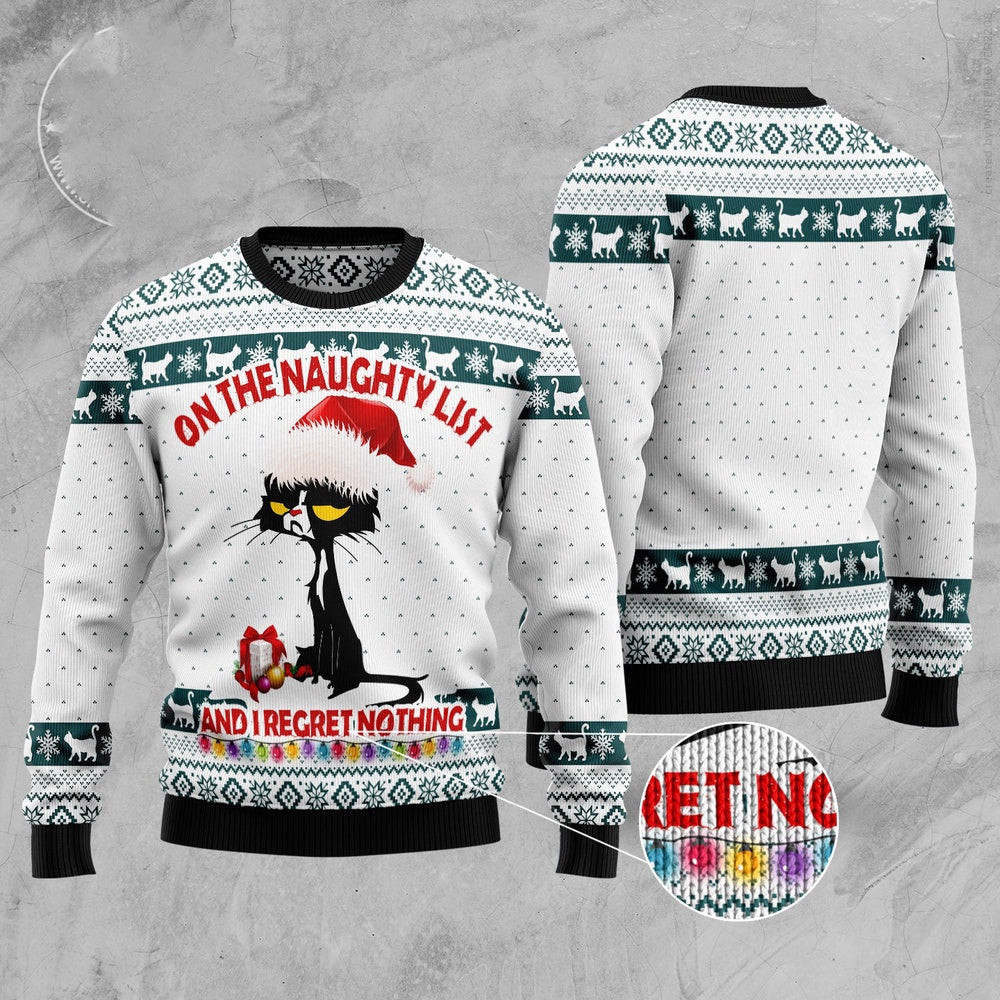 Funny Sweaters Black Cat Naughty List Ugly Christmas Sweater Gift For Cat Lover