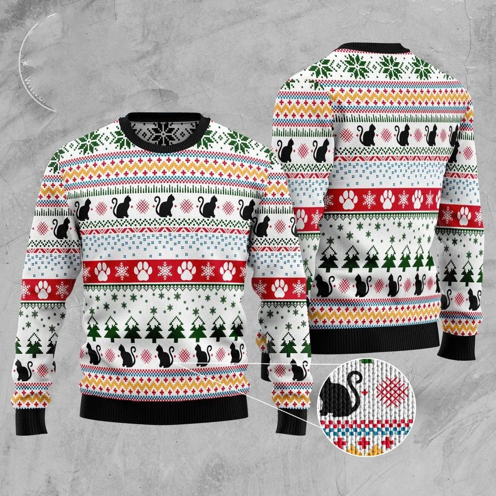 Funny Sweaters Black Cat Pattern Ugly Christmas Sweater Gift For Cat Lover