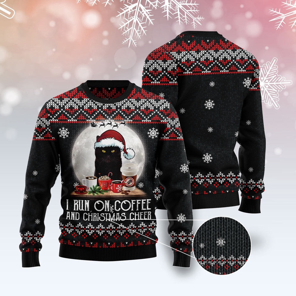 Funny Sweaters Black Cat Run On Coffee Ugly Christmas Sweater Gift For Cat Lover