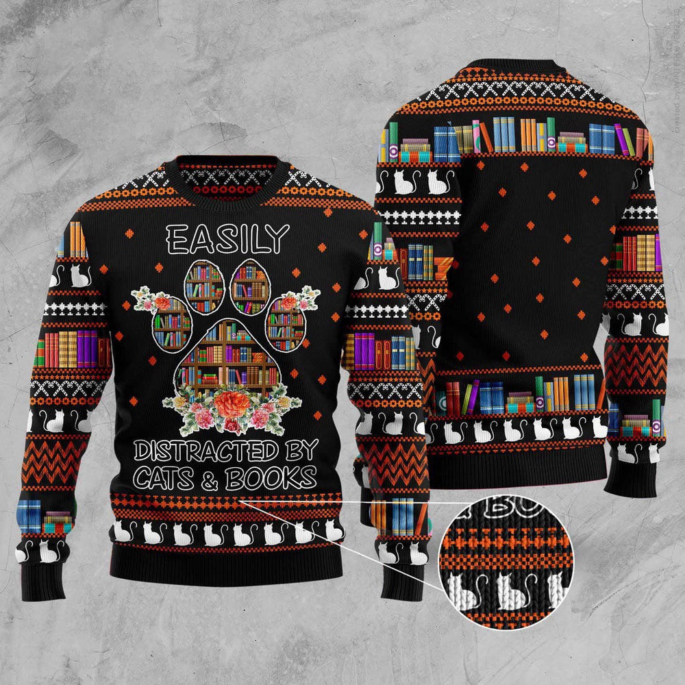 Funny Sweaters Cat And Books Christmas Ugly Christmas Sweater Gift For Cat Lover