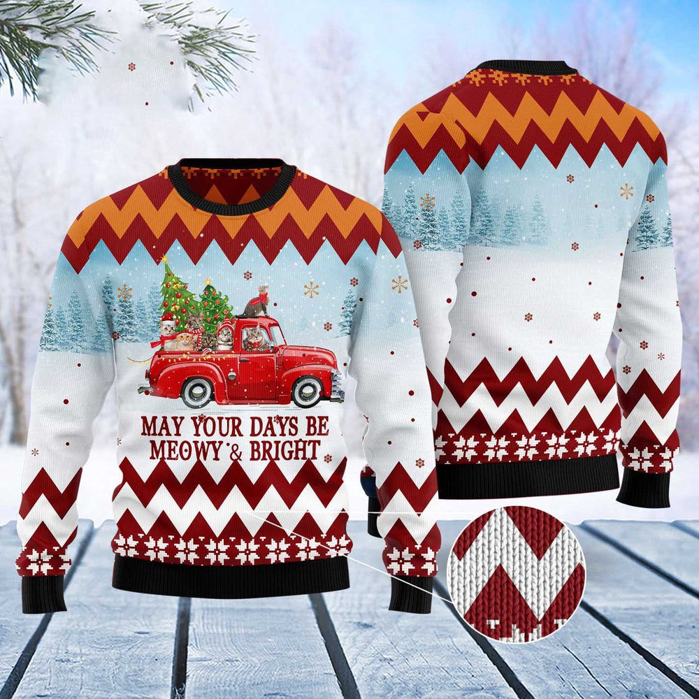Funny Sweaters Cat Red Truck Ugly Christmas Sweater Gift For Cat Lover