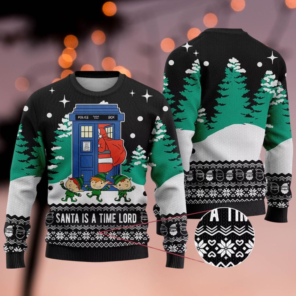 Funny Tardis Santa Doctor Who Christmas Ugly Sweater, Tardis Police Box Xmas Sweater - Image 3