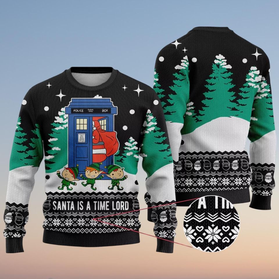 Funny Tardis Santa Doctor Who Christmas Ugly Sweater, Tardis Police Box Xmas Sweater - Image 2