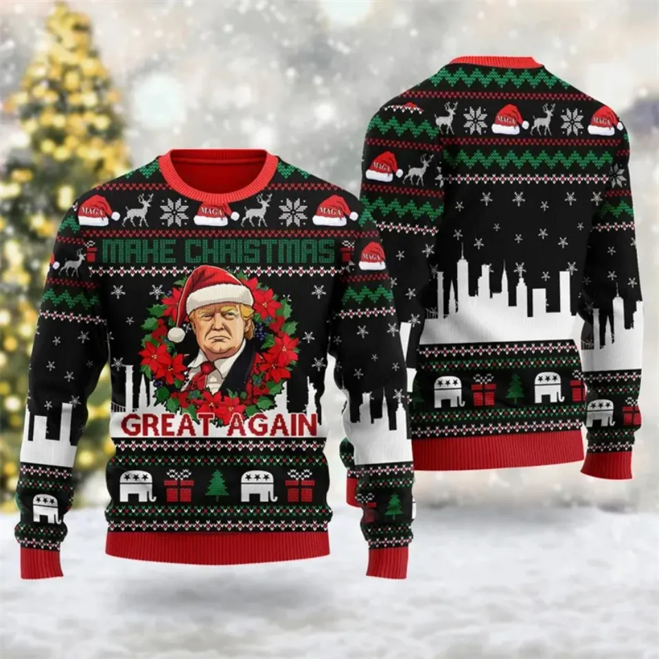 Funny Trump Graphic Sweatshirt  Holiday Xmas Crew  Ugly Christmas Sweater
