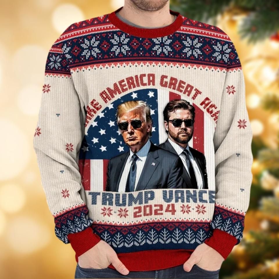 Funny Trump Santa Ugly Christmas Sweater, Make American Great Again Trump Vance 2024 - Image 3