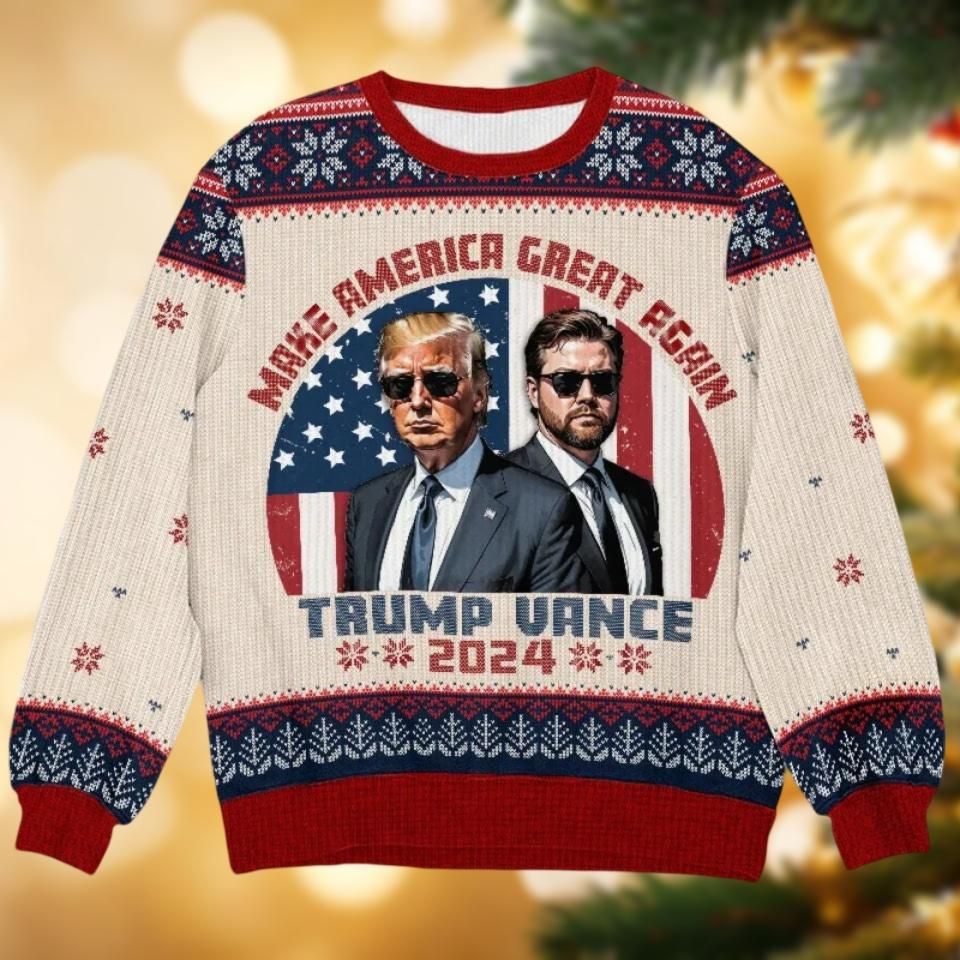 Funny Trump Santa Ugly Christmas Sweater, Make American Great Again Trump Vance 2024 - Image 2