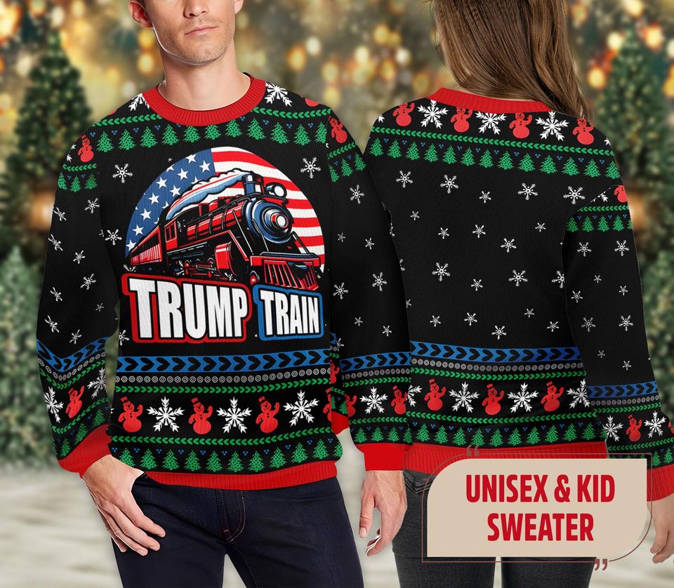 Funny Trump Train Ugly Christmas Sweater, Donald Trump President Campaign Christmas Ugly Sweater