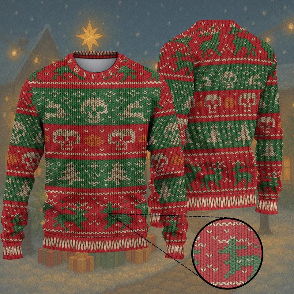 Funny Ugly Christmas Sweater - Red Green Skull Reindeer Knit Pattern