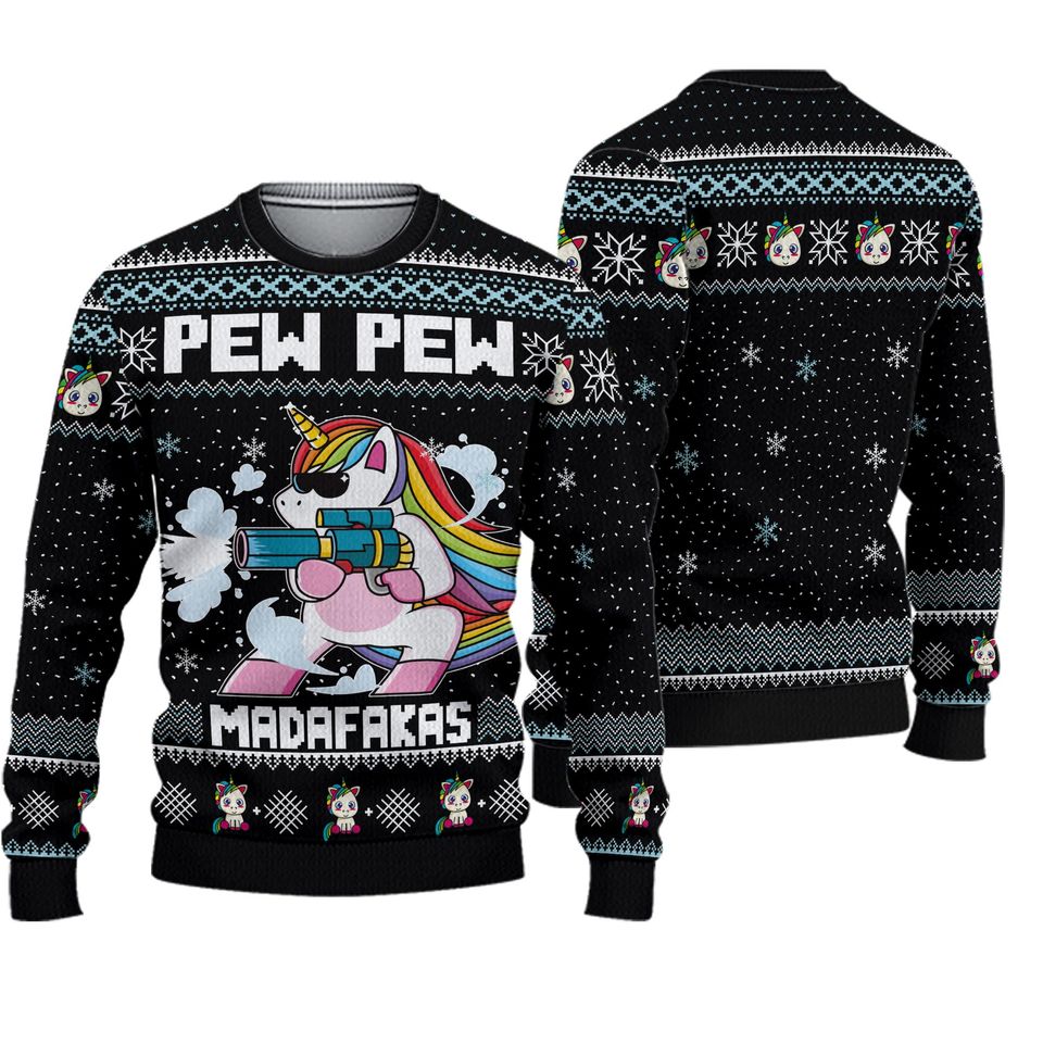 Funny Unicorn Pew Pew Madafakas Ugly Knitted Christmas  Sweater