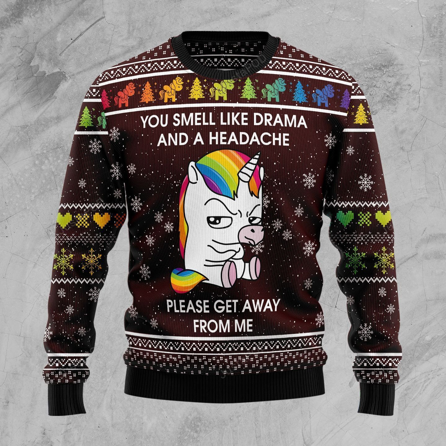 Funny Unicorn Rainbow You Smell Like Drama And A Headache Ugly Christmas Sweater Adult 3D Funny Matching for family