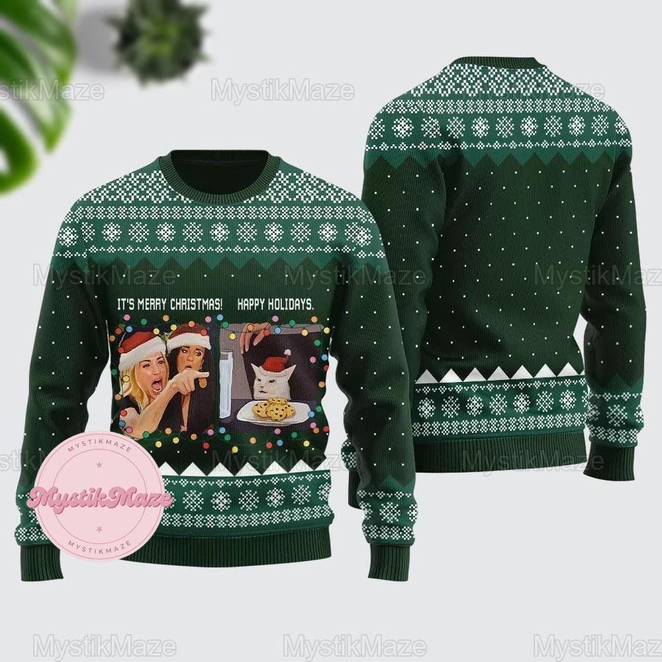 Funny Woman Yelling At A Cat Meme Ugly Christmas Sweater, Cat Lover Sweater