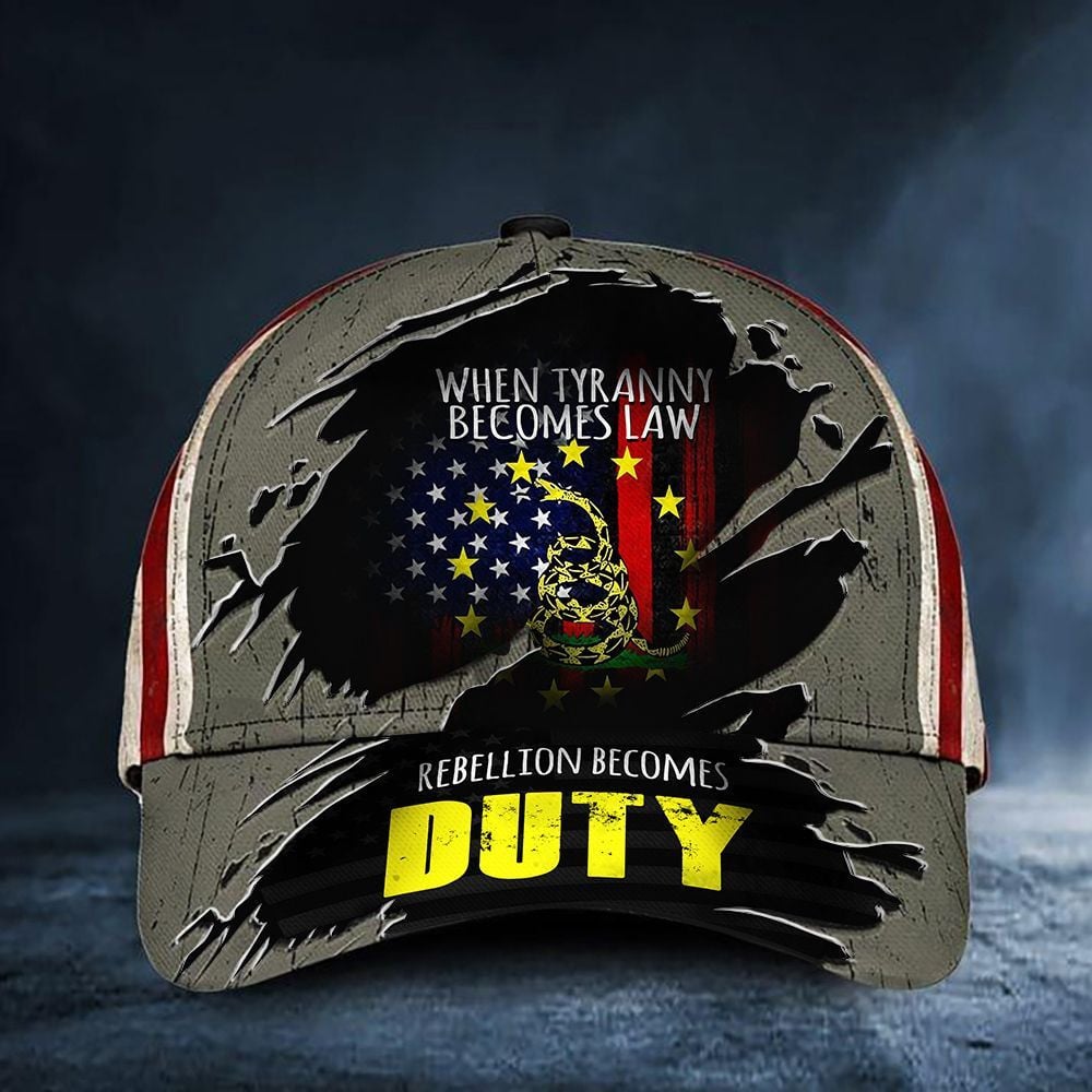 Gadsden Flag Hat When Tyranny Becomes Law Rebellion Becomes Duty USA Flag Cap Patriotic Gift Trucker Hats Custom Hats Gifts For Men & Women