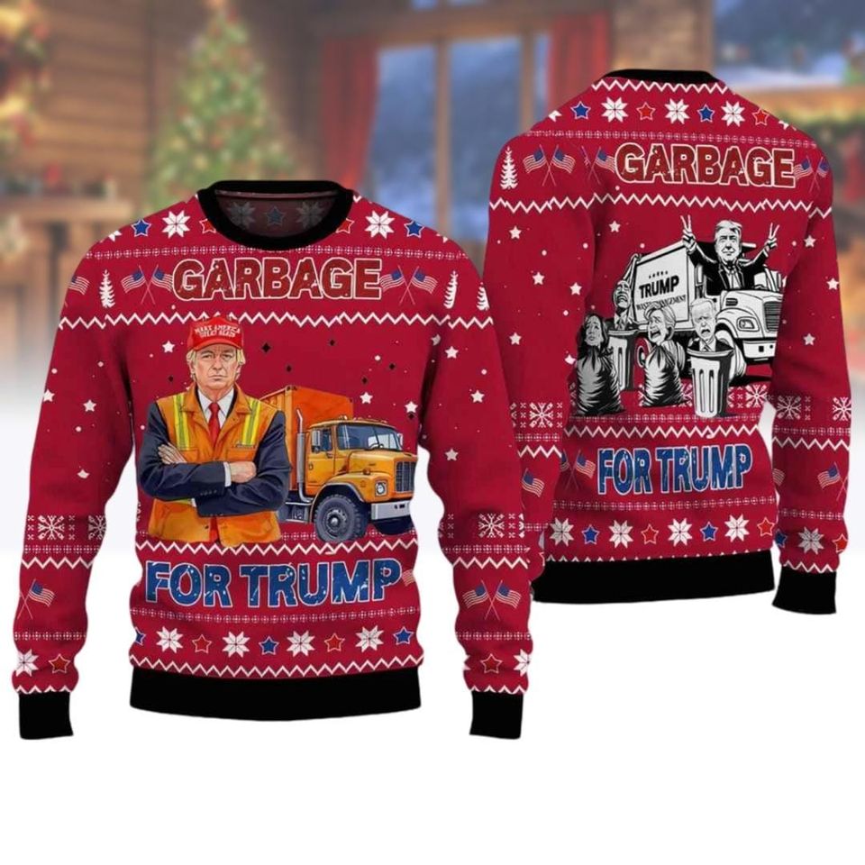 Garbage For Trump Truck 2024 Sweater, Donald Trump Christmas Ugly Sweater