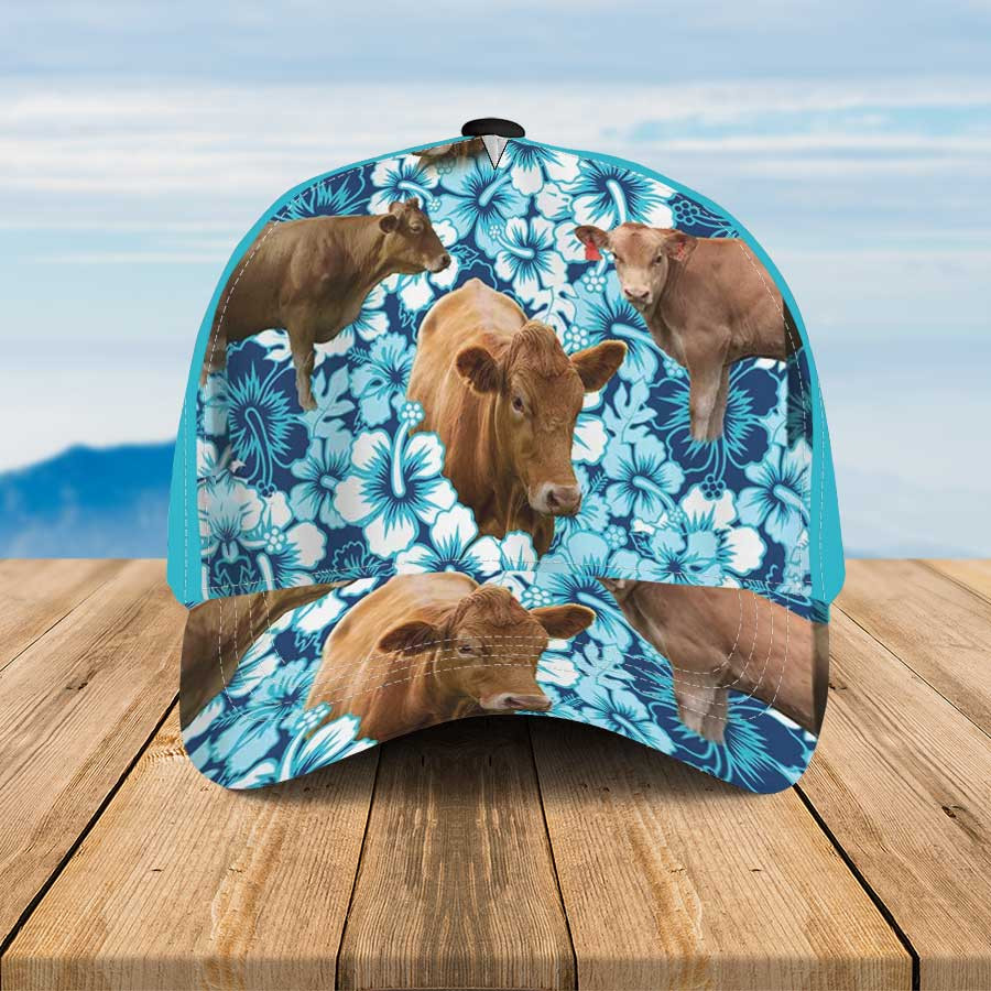 Gelbvieh Blue Hibiscus Flowers Hawaiian Summer Hats, Gelbvieh 3D Cap for Lovers Trucker Hats Custom Hats Gifts For Men & Women