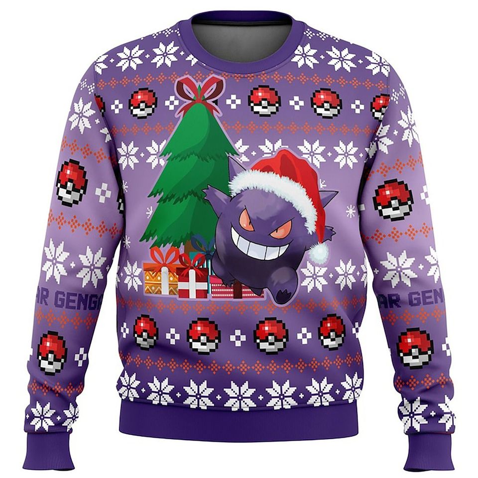 Gengar Ugly Sweater, Pocket Monster Ugly Christmas Sweatshirt
