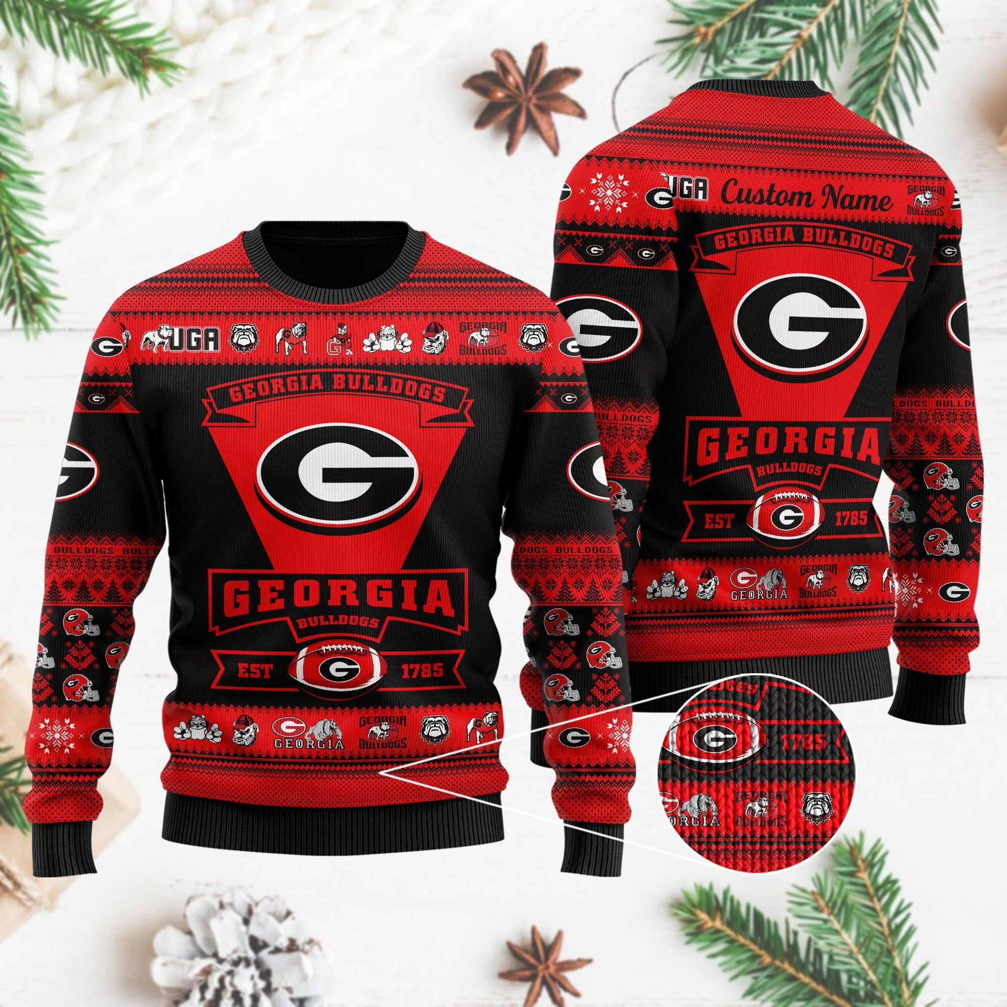 Georgia Bulldogs Football Team Logo Custom Name Personalized Ugly Christmas Sweater Adult 3D Funny Matching for family